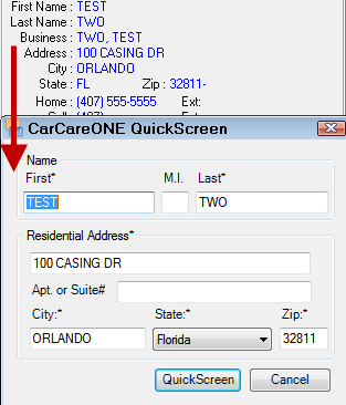 the QuickScreen window with the customer’s information already completed.